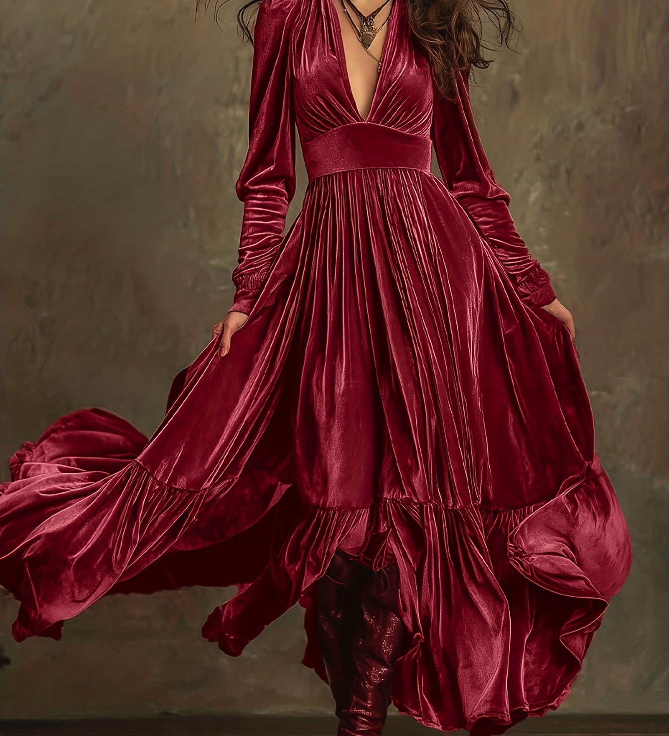 SERAFINA | RETRO OVERSIZED SKIRT LONG DRESS WITH DEEP V-NECK