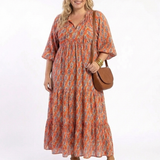 Amara | Geometric Print V Neck Tiered Midi Dress