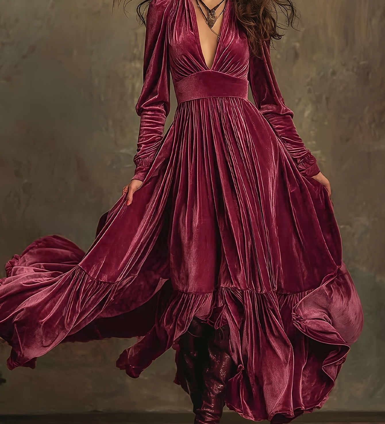 SERAFINA | RETRO OVERSIZED SKIRT LONG DRESS WITH DEEP V-NECK