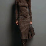 Seraphina | High Neck Long Sleeve Suede Midi Dress