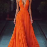 VESPERINA | V-NECK HALTER PLEAT MAXI DRESS
