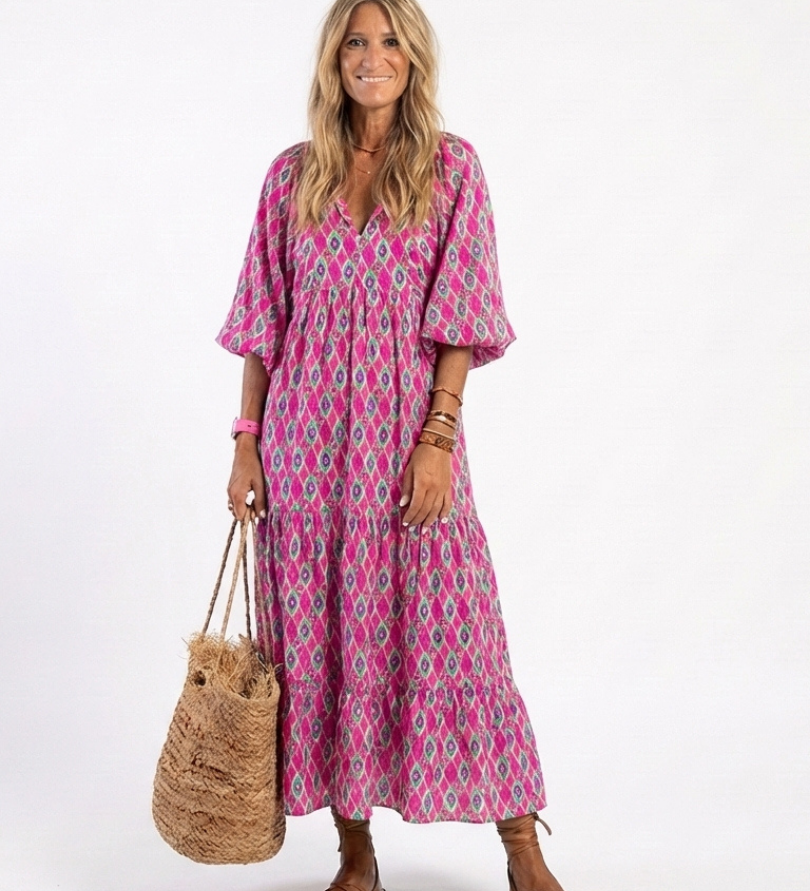 Apolline | Three Quarter Sleeve V Neck Patterned Midi Dress