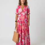 Ione | Short Sleeve V Neck Floral Midi Dress