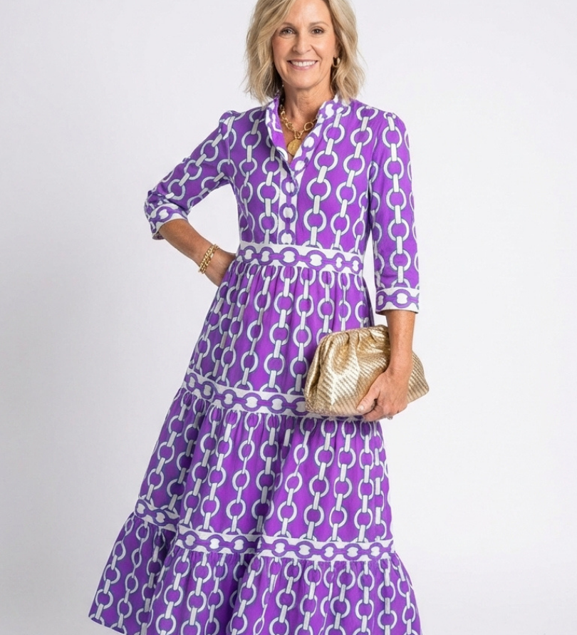 Ysolde | Three Quarter Sleeve Chain Pattern Midi Dress