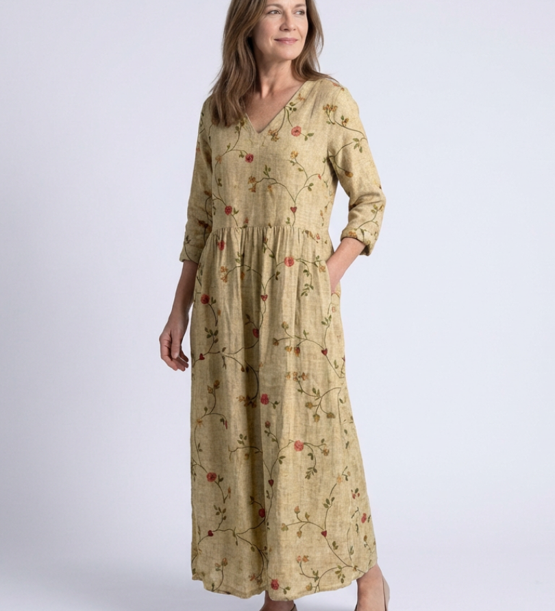 Marina | Floral V Neck Three Quarter Sleeve Maxi Dress