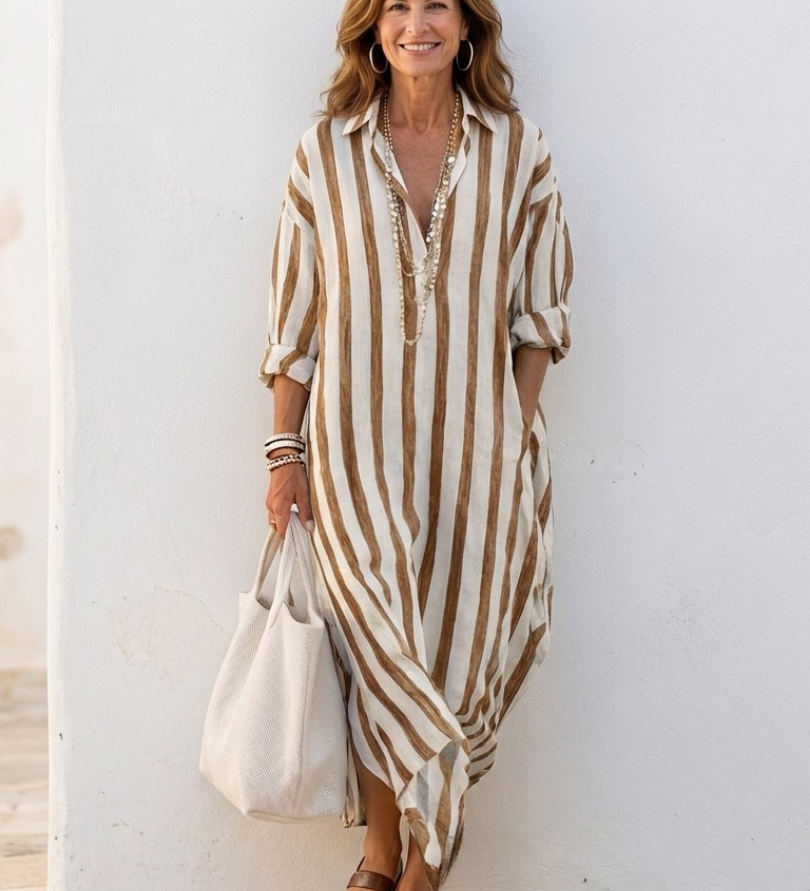 Naomi | Long Sleeve Striped Midi Shirt Dress