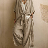 Oversized Linen Kimono & Wide Leg Pants Two-Piece Set