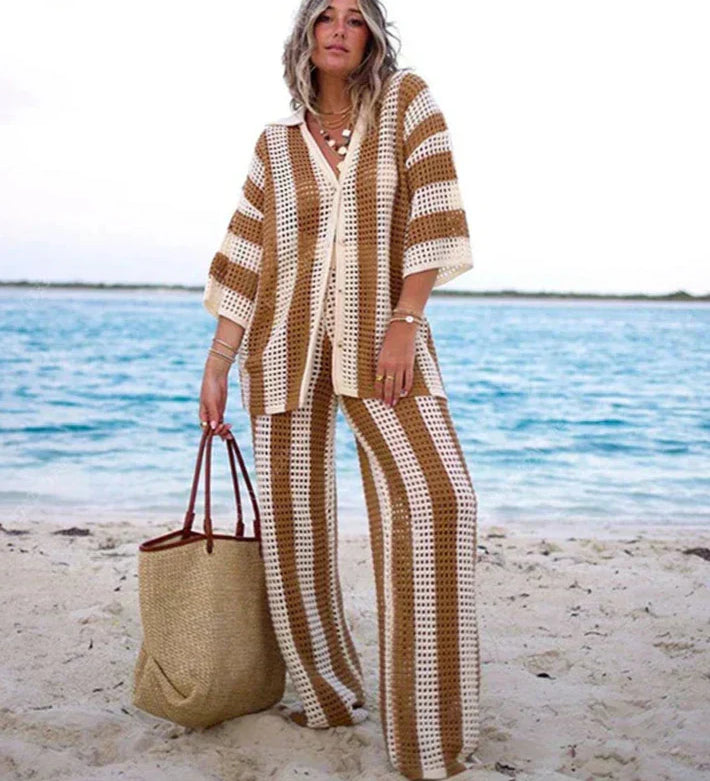 Zenaida™ | Striped Crochet Kimono and Trousers Set