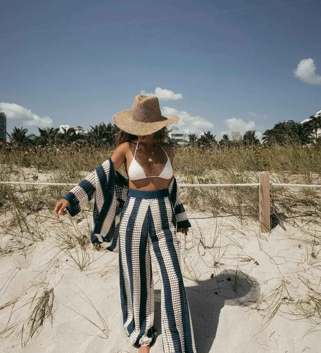 Zenaida™ | Striped Crochet Kimono and Trousers Set