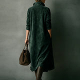 Isna | Green Loose Suede Lapel Long Sleeve Midi Dress
