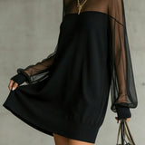 Domitille | Mini Black Dress, Sheer Mesh Sleeves, High Neck