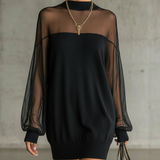 Domitille | Mini Black Dress, Sheer Mesh Sleeves, High Neck
