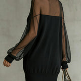 Domitille | Mini Black Dress, Sheer Mesh Sleeves, High Neck
