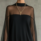 Domitille | Mini Black Dress, Sheer Mesh Sleeves, High Neck