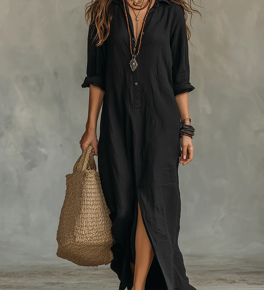 Alessia | Soft Black Maxi Dress with Buttons