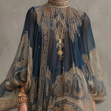 Bérénice | Asymmetrical Mini Dress in Navy Blue Chiffon with Baroque Print and High Collar