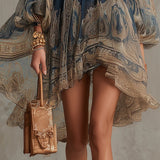Bérénice | Asymmetrical Mini Dress in Navy Blue Chiffon with Baroque Print and High Collar