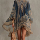 Bérénice | Mini Dress with Irregular Hem in Navy Blue Baroque Print, High Neck