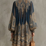 Bérénice | Asymmetrical Mini Dress in Navy Blue Chiffon with Baroque Print and High Collar
