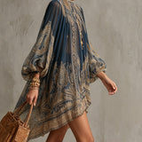 Bérénice | Asymmetrical Mini Dress in Navy Blue Chiffon with Baroque Print and High Collar