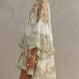 Rosalie | Mini Dress in Chiffon with Ruffled Sleeves and Green Striped Hem