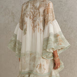 Rosalie | Mini Dress in Chiffon with Ruffled Sleeves and Green Striped Hem
