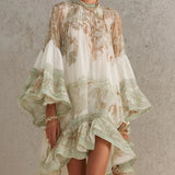 Rosalie | Mini Dress in Chiffon with Ruffled Sleeves and Green Striped Hem
