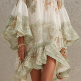 Rosalie | Mini Dress in Chiffon with Ruffled Sleeves and Green Striped Hem