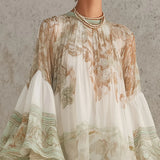 Rosalie | Mini Dress in Chiffon with Ruffled Sleeves and Green Striped Hem