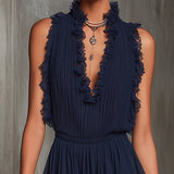 Satine | Pleated Satin Striped Jumpsuit in Navy Blue