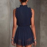 Satine | Pleated Satin Striped Jumpsuit in Navy Blue