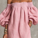 Violette | Pink Mini A-Line Dress with Lantern Sleeves and Off-the-Shoulder Design