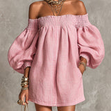 Violette | Pink Mini A-Line Dress with Lantern Sleeves and Off-the-Shoulder Design