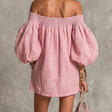 Violette | Pink Mini A-Line Dress with Lantern Sleeves and Off-the-Shoulder Design