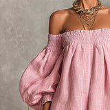 Violette | Pink Mini A-Line Dress with Lantern Sleeves and Off-the-Shoulder Design