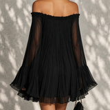 Océane | Black Mini Dress with Bell Sleeves and Ruched Off-Shoulder