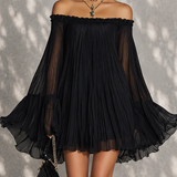 Océane | Black Mini Dress with Bell Sleeves and Ruched Off-Shoulder