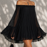 Océane | Black Mini Dress with Bell Sleeves and Ruched Off-Shoulder