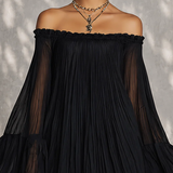 Océane | Black Mini Dress with Bell Sleeves and Ruched Off-Shoulder