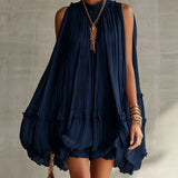 Océane | Mini Dress with Ruffles, Halter Neck, Navy Blue