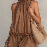 Bettina | Brown Sleeveless Mini Dress in Chiffon, Halter Neck with Ruffles