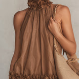 Bettina | Brown Sleeveless Mini Dress in Chiffon, Halter Neck with Ruffles