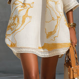 Aliénor | Ivory Mini Dress in Crocheted Lace with Golden Patterns and V-Neck