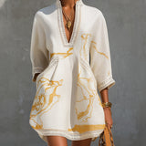 Aliénor | Ivory Mini Dress in Crocheted Lace with Golden Patterns and V-Neck