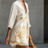 Aliénor | Ivory Mini Dress in Crocheted Lace with Golden Patterns and V-Neck