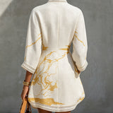 Aliénor | Ivory Mini Dress in Crocheted Lace with Golden Patterns and V-Neck