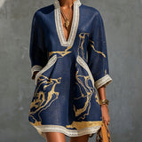 Cosette | Mini Dress in Navy Blue Crochet Lace with Golden Patterns and V-Neck