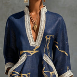 Cosette | Mini Dress in Navy Blue Crochet Lace with Golden Patterns and V-Neck
