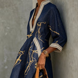 Cosette | Mini Dress in Navy Blue Crochet Lace with Golden Patterns and V-Neck