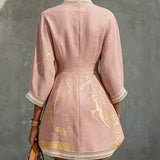 Ninon | Mini Dress in Pink Crocheted Lace with Golden Patterns and V-Neck